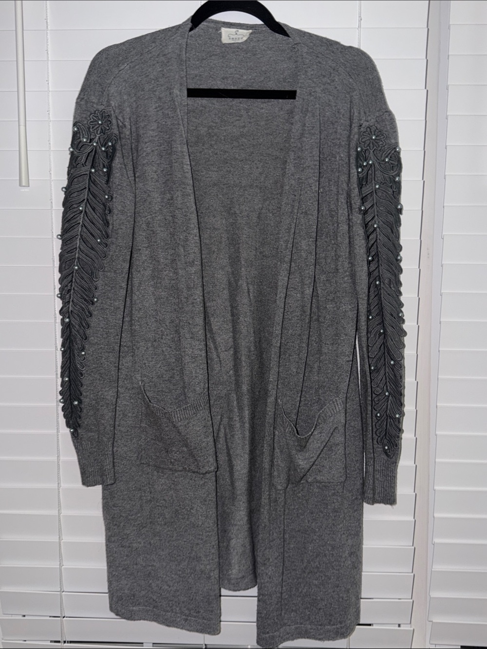 Embellished Sleeve Open-Front Gray Long Cardigan